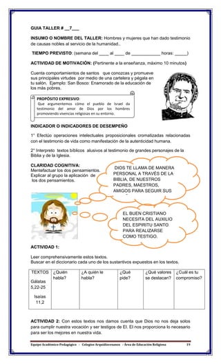 Equipo Académico-Pedagógico - Colegios Arquidiocesanos - Área de Educación Religiosa 19
GUIA TALLER # __7___
INSUMO O NOMBRE DEL TALLER: Hombres y mujeres que han dado testimonio
de causas nobles al servicio de la humanidad..
TIEMPO PREVISTO: (semana del ____ al ____ de ____________ horas: _____)
ACTIVIDAD DE MOTIVACIÓN: (Pertinente a la enseñanza, máximo 10 minutos)
Cuenta comportamientos de santos que conozcas y promueve
sus principales virtudes por medio de una cartelera y pégala en
tu salón. Ejemplo: San Bosco: Enamorado de la educación de
los más pobres.
INDICADOR O INDICADORES DE DESEMPEÑO
1° Efectúo operaciones intelectuales proposicionales cromatizadas relacionadas
con el testimonio de vida como manifestación de la autenticidad humana.
2° Interpreto textos bíblicos alusivos al testimonio de grandes personajes de la
Biblia y de la Iglesia.
CLARIDAD COGNITIVA:
Mentefactuar los dos pensamientos.
Explicar al grupo la aplicación de
los dos pensamientos.
ACTIVIDAD 1:
Leer comprehensivamente estos textos.
Buscar en el diccionario cada uno de los sustantivos expuestos en los textos.
TEXTOS
Gálatas
5,22-25
Isaías
11,2
¿Quién
habla?
¿A quién le
habla?
¿Qué
pide?
¿Qué valores
se destacan?
¿Cuál es tu
compromiso?
ACTIVIDAD 2: Con estos textos nos damos cuenta que Dios no nos deja solos
para cumplir nuestra vocación y ser testigos de El. El nos proporciona lo necesario
para ser los mejores en nuestra vida.
DIOS TE LLAMA DE MANERA
PERSONAL A TRAVÉS DE LA
BIBLIA, DE NUESTROS
PADRES, MAESTROS,
AMIGOS PARA SEGUIR SUS
ENSEÑANZAS.
EL BUEN CRISTIANO
NECESITA DEL AUXILIO
DEL ESPIRITU SANTO
PARA REALIZARSE
COMO TESTIGO.
PROPÓSITO EXPRESIVO:
Que argumentemos cómo el pueblo de Israel da
testimonio del amor de Dios por los hombres
promoviendo vivencias religiosas en su entorno.
 