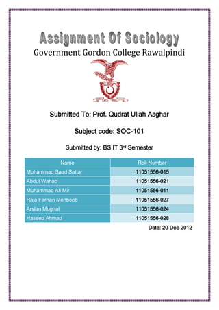 Government Gordon College Rawalpindi
Submitted To: Prof. Qudrat Ullah Asghar
Subject code: SOC-101
Submitted by: BS IT 3rd Semester
Name Roll Number
Muhammad Saad Sattar 11051556-015
Abdul Wahab 11051556-021
Muhammad Ali Mir 11051556-011
Raja Farhan Mehboob 11051556-027
Arslan Mughal 11051556-024
Haseeb Ahmad 11051556-028
Date: 20-Dec-2012
 