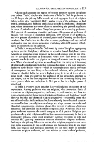 RELIGION AND THE AMERICAN PROFESSORIATE            115
     Atheists and agnostics also appear to be more common in some disciplines
than others. Table 2 displays the distribution of belief in God for professors in
the 20 largest disciplinary fields in order of their aggregate levels of religious
belief. In line with Finkelstein's (1984) earlier review of the evidence, we find
that the most religious fields are applied ones outside the traditional liberal arts
core, whose instructors may come closer to resembling the general population
in terms of attitudes and values. Sixty-three percent of accounting professors,
56.8 percent of elementary education professors, 48.6 percent of professors of
finance, 46.5 percent of marketing professors, 45.0 percent of art professors,
and 44.4 percent of professors of criminal justice and of nursing say they have
no doubt that God exists. At the other extreme, psychology and mechanical
engineering have the highest proportion of atheists, while 60.8 percent of biol-
ogists are either atheists or agnostics.
     In Table 3, we report belief in God sorted by type of discipline, aggregating
up from specific disciplinary affiliations to examine broad disciplinary areas.
Atheists are somewhat more common in the social sciences than in the phys-
ical or biological sciences or humanities, while more than twice as many
agnostics can be found in the physical or biological sciences than in any other
area. When atheists and agnostics are combined into one category, it is among
physical and biological scientists that religious skepticism is the most common.
Professors in the health sciences-which in our sample means mostly professors
of nursing-are the most likely to be confirmed believers, with professors in
otherwise classified fields the second highest group in terms of levels of reli-
gious belief. There are relatively few professors of the agricultural sciences in
our sample, but we list them separately because of the interesting finding that
three quarters claim not to believe in God per se, but in a higher power of
some kind.
     In Table 4, we move on to consider the overall religious orientation of our
respondents. Among professors who are religious, what proportion think of
themselves as religious progressives, moderates, or traditionalists, and how are
these orientations distributed across institutional location and disciplinary area?
Here we find that self-identified religious progressives-presumably those who
are affiliated with a faith tradition but have relatively loose doctrinal commit-
ments and believe that religion must change and adapt to meet new social and
historical circumstances--comprise about 38.6 percent of religious American
academics. Self-identified traditionalists comprise about 19 percent, while reli-
gious moderates represent the modal category, at 42.4 percent. Religious pro-
gressives-along with religious traditionalists-can most commonly be found at
community colleges, while most religiously inclined professors at elite and
nonelite PhD granting institutions consider themselves religious moderates.
Looking at disciplinary differences, we see that religious progressives are more
than twice as common in the social sciences and humanities than in any other
field, that physical and biological scientists are the most likely to consider
themselves religious moderates, and that, relative to other kinds of professors,
 