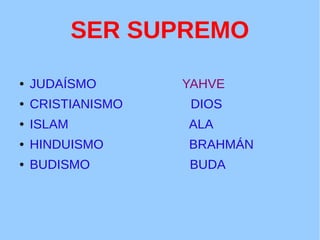 SER SUPREMO
● JUDAÍSMO YAHVE
● CRISTIANISMO DIOS
● ISLAM ALA
● HINDUISMO BRAHMÁN
● BUDISMO BUDA