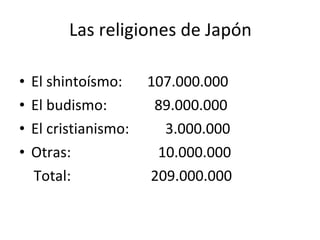 Las religiones de Japón El shintoísmo: 107.000.000 El budismo:     89.000.000 El cristianismo:    3.000.000 Otras:     10.000.000 Total:    209.000.000  