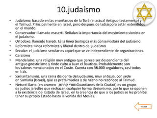 10.judaísmo
• Judaísmo: basado en las enseñanzas de la Torá (el actual Antiguo testamento) y
el Talmud. Principalmente en Israel, pero después de ladiáspora están extendidos
en el mundo.
• Conservador: llamado maserti. Señalan la importancia del movimiento sionista en
el judaísmo.
• Ortodoxo: llamado haredi. Es la línea teológica más conservadora del judaísmo.
• Reformista: línea reformista y liberal dentro del judaísmo
• Secular: el judaísmo secular es aquel que se ve independiente de organizaciones.
• Caraísmo
• Mandeísmo: una religión muy antigua que parece ser descendiente del
antiguo gnosticismo y rinde culto a Juan el Bautista. Probablemente son
los sabeos mencionados en el Corán. Cuenta con 38.000 seguidores, casi todos
en Irak.
• Samaritanismo: una rama disidente del judaísmo, muy antigua, con sede
en Samaria (Israel), que es pretalmúdica y de hecho no reconoce al Talmud.
• Neturei Karta (en arameo ‫קרתא‬ ‫נטורי‬, Guardianes de la Ciudad) es un grupo
de judíos jaredíes que rechazan cualquier forma desionismo, por lo que se oponen
a la existencia del Estado de Israel, en la creencia de que a los judíos se les prohíbe
tener su propio Estado hasta la venida del Mesías.
VOLVER
 