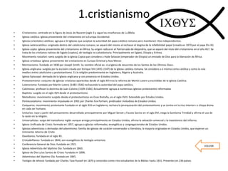 1.cristianismo
• Cristianismo: centrado en la figura de Jesús de Nazaret (siglo I) y sigue las enseñanzas de La Biblia.
• Iglesia católica: iglesia proveniente del cristianismo en la Europa Occidental.
• Iglesias orientales católicas: agrupa a 22 iglesias que aceptan la autoridad del papa católico romano pero mantienen ritos independientes.
• Iglesia veterocatólica: originada dentro del catolicismo romano, se separó del mismo al rechazar el dogma de la infalibilidad papal (creado en 1870 por el papa Pío IX).
• Iglesia copta: iglesia proveniente del cristianismo en África. Su origen radica en el Patriarcado de Alejandría, que se separó del resto del cristianismo en el año 457. Se
trata de los cristianos nativos de Egipto (coptos), de teología no calcedoniana. Principalmente en Egipto, Etiopía y Eritrea.
• Movimiento rastafari: rama surgida de la Iglesia Copta que considera a Haile Selassie (emperador de Etiopía) un enviado de Dios para la liberación de África.
• Iglesia ortodoxa: iglesia proveniente del cristianismo en Europa Oriental y Asia Menor.
• Mormonismo: fundado en 1830 por Joseph Smith. Su nombre oficial es: «La Iglesia de Jesucristo de los Santos de los Últimos Días».
• Iglesia anglicana: surgida por la escisión creada por Enrique VIII (1491-1547) de la iglesia católica romana. Se considera a sí misma como católica y como la «vía
media» entre catolicismo y protestantismo. Es la religión predominante en Inglaterra, Nigeria y Australia.
• Iglesia Episcopal: derivada de la Iglesia anglicana y con presencia en Estados Unidos.
• Protestantismo: conjunto de iglesias cristianas aparecidas desde el siglo XVI tras la reforma de Martín Lutero y escindidas de la Iglesia Católica.
• Luteranismo: fundado por Martín Lutero (1483-1546) rechazando la autoridad del papa católico.
• Calvinistas: profesan la doctrina de Juan Calvino (1509-1564). Actualmente agrupa a numerosas iglesias protestantes reformadas
• Baptista: surgida en el siglo XVII desde el protestantismo.
• Metodismo: movimiento surgido desde el protestantismo en Gran Bretaña, en el siglo XVIII. Extendido por Estados Unidos.
• Pentecostalismo: movimiento impulsado en 1901 por Charles Fox Parham, predicador metodista de Estados Unidos.
• Cuáqueros: movimiento protestante fundado en el siglo XVII en Inglaterra, rechaza la jerarquización del protestantismo y se centra en la «luz interior» o chispa divina
en cada ser humano.
• Unitarios: nace a partir del pensamiento desarrollado principalmente por Miguel Servet y Fausto Socino en el siglo XVI, niega la Santísima Trinidad y afirma el uso de
la razón en la religión.
• Universalistas: surge del metodismo inglés aunque arraiga principalmente en Estados Unidos, afirma la salvación universal y la inexistencia del infierno.
• Iglesia Unificada de Cristo: formada en 1957, agrupa a iglesias reformadas, evangélicas y congregacionales de Estados Unidos.
• Iglesias adventistas o derivadas del adventismo: familia de iglesias de carácter conservador o literalista, la mayoría originadas en Estados Unidos, que esperan un
inminente retorno de Cristo.
• Davidianos: fundada en el siglo XX.
• Cristadelfianos: fundada en 1844, son evangélicos de teología unitarista.
• Conferencia General de Dios: fundada en 1921.
• Iglesia Adventista del Séptimo Día: fundada en 1863.
• Iglesia de Dios y los Santos de Cristo: fundada en 1896.
• Adventistas del Séptimo Día: fundada en 1845.
• Testigos de Jehová: fundada por Charles Taze Russell en 1870 y conocidos como «los estudiantes de la Biblia» hasta 1931. Presentes en 236 países.
VOLVER
 