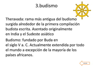 3.budismo
Theravada: rama más antigua del budismo
surgida alrededor de la primera compilación
budista escrita. Asentado originalmente
en India y el Sudeste asiático
Budismo: fundado por Buda en
el siglo V a. C. Actualmente extendida por todo
el mundo a excepción de la mayoría de los
países africanos.
VOLVER
 