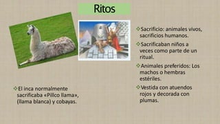 ❖Sacrificio: animales vivos,
sacrificios humanos.
❖Sacrificaban niños a
veces como parte de un
ritual.
❖Animales preferidos: Los
machos o hembras
estériles.
❖Vestida con atuendos
rojos y decorada con
plumas.
❖El inca normalmente
sacrificaba «Pillco llama»,
(llama blanca) y cobayas.
Ritos
 