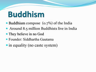 Buddhism
 Buddhism compose (0.7%) of the India
 Around 8.5 million Buddhists live in India
 They believe in no God
 Founder: Siddhartha Gautama
 in equality (no caste system)
 