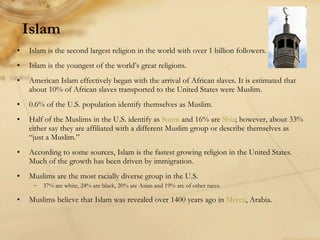 Islam Islam is the second largest religion in the world with over 1 billion followers.  Islam is the youngest of the world’s great religions. American Islam effectively began with the arrival of African slaves. It is estimated that about 10% of African slaves transported to the United States were Muslim. 0.6% of the U.S. population identify themselves as Muslim. Half of the Muslims in the U.S. identify as  Sunni  and 16% are  Shia ; however, about 33% either say they are affiliated with a different Muslim group or describe themselves as “just a Muslim.” According to some sources, Islam is the fastest growing religion in the United States. Much of the growth has been driven by immigration.  Muslims are the most racially diverse group in the U.S.  37% are white, 24% are black, 20% are Asian and 19% are of other races. Muslims believe that Islam was revealed over 1400 years ago in  Mecca , Arabia. 