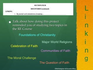 
Talk about how doing this projectTalk about how doing this project
reminded you of studying two topics inreminded you of studying two topics in
the RE Coursethe RE Course
L
i
n
k
i
n
g
Communities of Faith
The Moral Challenge
Foundations of Christianity
Major World Religions
Celebration of Faith
The Question of Faith
©MsKeleghan’sEducationBlog
 