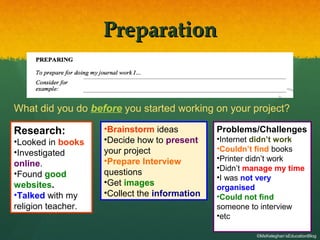 PreparationPreparation
What did you do before you started working on your project?
Research:
•Looked in books
•Investigated
online.
•Found good
websites.
•Talked with my
religion teacher.
•Brainstorm ideas
•Decide how to present
your project
•Prepare Interview
questions
•Get images
•Collect the information
Problems/Challenges
•Internet didn’t work
•Couldn’t find books
•Printer didn’t work
•Didn’t manage my time
•I was not very
organised
•Could not find
someone to interview
•etc
©MsKeleghan’sEducationBlog
 