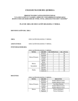 COLEGIO MAYOR DEL QUIROGA

                PROYECTO EDUCATIVO INSTITUCIONAL
   “UNA EDUCACIÓN EN VALORES, AMBIENTE Y DESARRROLLO EMPRESARIAL
 RESPETANDO LOS DERECHOS DE NIÑOS, NIÑAS, ADOLESCENTES HOY Y SIEMPRE”


           PLAN DE ÁREA DE EDUCACIÓN RELIGIOSA Y MORAL



IDENTIFICACIÓN DEL ÁREA




ÁREA                 EDUCACIÓN RELIGIOSA Y MORAL


ASIGNATURAS          EDUCACIÓN RELIGIOSA Y MORAL

INTENSIDAD HORARIA

                     EDUCACIÓN RELIGIOSA Y MORAL
                         NIVEL        GRADO    I.H. SEMANAL     I.H. ANUAL
                                       Primero        1              38
                                      Segundo         1              38
                      Básica Primaria  Tercero        1              38
                                        Cuarto        1              38
                                       Quinto         1              38
                                        Sexto         1              38
                          Básica       Séptimo        1              38
                        Secundaria     Octavo         1              38
                                       Noveno         1              38
                                       Décimo         1              38
                          Media
                                      Undécimo        1              38


DOCENTES
                     EDUCACIÓN RELIGIOSA Y MORAL
                         NIVEL        GRADO            DOCENTE
                                      Primero      Sandra Milena Cuesta
                                      Segundo      Sandra Milena Cuesta
                      Básica Primaria Tercero        Luz Dary Herrera
                                       Cuarto      Sandra Milena Cuesta
                                       Quinto      Sandra Milena Cuesta
                          Básica       Sexto         Nelson Rodríguez
                                      Séptimo        Nelson Rodríguez
 