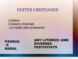 FESTES CRISTIANES

 ·Catòlics
 ·Cristians Orientals
 · La meitat dels protesants



PASQUA              ANY LITÚRGIC AMB
O                   DIVERSES
NADAL               FESTIVITATS
 