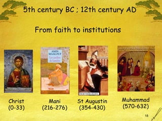 5th century BC ; 12th century AD From faith to institutions  Mani (216-276) St Augustin (354-430) Muhammad (570-632) Christ (0-33) 