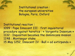 Institutional reaction  : 1099 : Pope Innocent III : first inquisitorial procedure against heretics : « Vergentis Insenium » 1132 : Inquisition becomes the dominicans mission 1248 :  Montsegur stake 15 May 1252, Innocent IV : Bull « ad extirpanda » Institutional creation :  the european universities Bologna, Paris, Oxford 