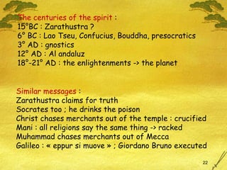 The centuries of the spirit  : 15°BC : Zarathustra ? 6° BC : Lao Tseu, Confucius, Bouddha, presocratics 3° AD : gnostics 12° AD : Al andaluz 18°-21° AD : the enlightenments -> the planet Similar messages  : Zarathustra claims for truth Socrates too ; he drinks the poison Christ chases merchants out of the temple : crucified Mani : all religions say the same thing -> racked Muhammad chases merchants out of Mecca Galileo : « eppur si muove » ; Giordano Bruno executed 