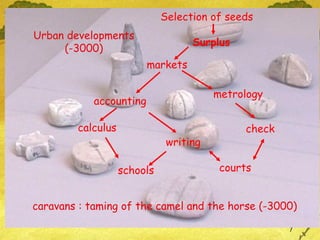 Urban developments (-3000) Selection of seeds Surplus markets accounting metrology writing schools check courts calculus caravans : taming of the camel and the horse (-3000) 