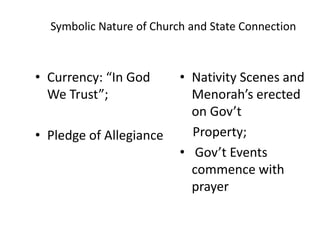 Symbolic Nature of Church and State Connection



• Currency: “In God       • Nativity Scenes and
  We Trust”;                Menorah’s erected
                            on Gov’t
• Pledge of Allegiance      Property;
                          • Gov’t Events
                            commence with
                            prayer
 