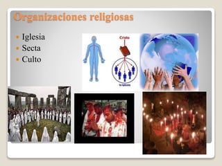 Organizaciones religiosas
 Iglesia
 Secta
 Culto
 