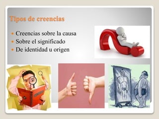 Tipos de creencias
 Creencias sobre la causa
 Sobre el significado
 De identidad u origen
 