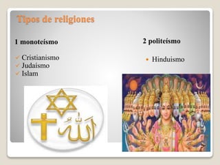 Tipos de religiones
1 monoteísmo 2 politeísmo
 Cristianismo
 Judaísmo
 Islam
 Hinduismo
 
