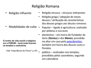 Religião Romana Religião influente Modalidades de culto Religião etrusca – etruscos intérpretes Religião grega / adopção de novos deuses / atribuição de características dos deuses gregos aos deuses romanos Popular – ligado à agricultura; realizado por plebeus e escravos doméstico – em honra do fundador da  Gens ( Genius ) e dos  Manes ; presidido no altar em casa pelo  paterfamilias ; também em honra dos deuses Lares e Penates público – realizados nos templos; presididos pelos sacerdotes; segundo um calendário O centro da vida social e religiosa era o FORUM – local onde ficavam os templos e santuários Vide “Importância do Fórum” p.161 