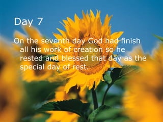 Day 7 On the seventh day God had finish all his work of creation so he rested and blessed that day as the special day of rest.  