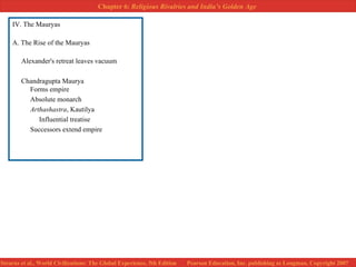 IV. The Mauryas A. The Rise of the Mauryas Alexander's retreat leaves vacuum Chandragupta Maurya Forms empire  Absolute monarch Arthashastra , Kautilya Influential treatise Successors extend empire 