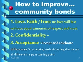 7 July 2016 27
no lovewill last
without equalamounts ofrespectand trust.
Accept and celebrate
differencesSo accepting andcelebratingthatwe are
all differentis a great startingpoint.
 
