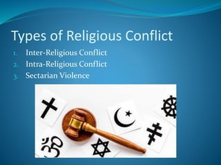Types of Religious Conflict
1. Inter-Religious Conflict
2. Intra-Religious Conflict
3. Sectarian Violence
 