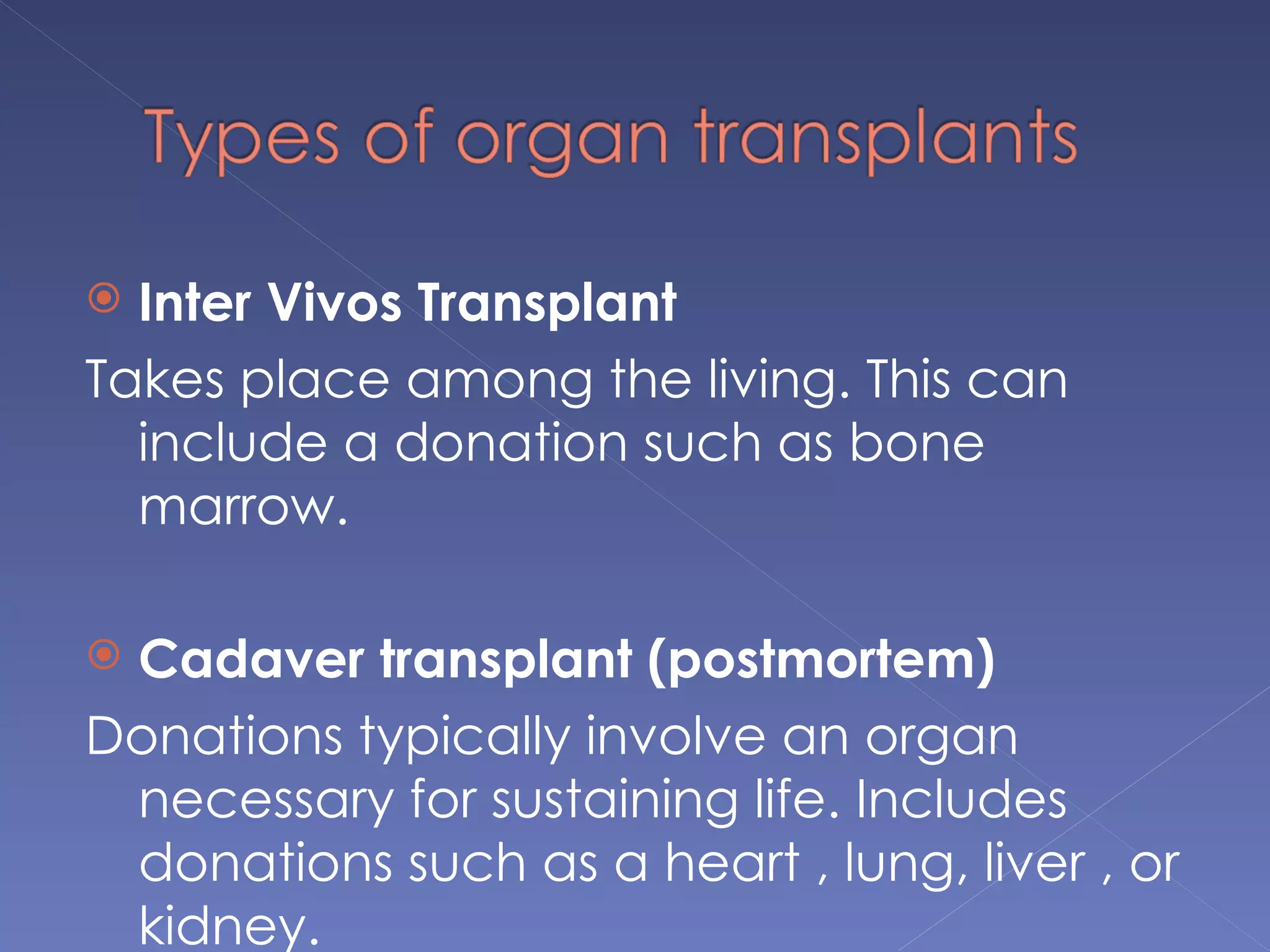  Inter Vivos Transplant
Takes place among the living. This can
  include a donation such as bone
  marrow.

Cadaver transplant (postmortem)
Donations typically involve an organ
 necessary for sustaining life. Includes
 donations such as a heart , lung, liver , or
 kidney.
 