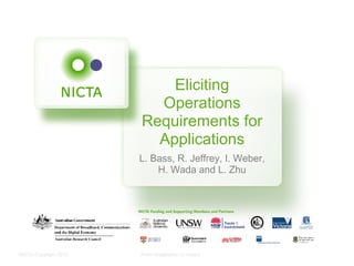 NICTA Copyright 2012 From imagination to impact
Eliciting
Operations
Requirements for
Applications
L. Bass, R. Jeffrey, I. Weber,
H. Wada and L. Zhu
 