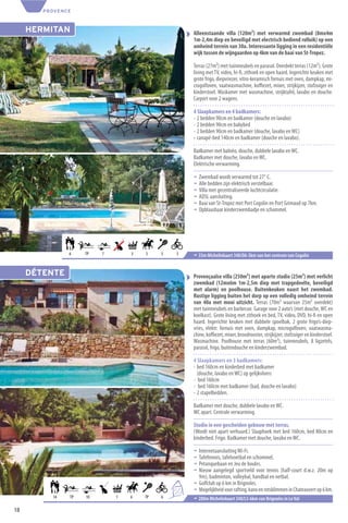 PROVENCE



     HERMITAN                                           Alleenstaande villa (120m²) met verwarmd zwembad (8mx4m
                                                        1m-2,4m diep en beveiligd met electrisch bediend rolluik) op een
                                                        omheind terrein van 30a. Interessante ligging in een residentiële
                                                        wijk tussen de wijngaarden op 4km van de baai van St-Tropez.

                                                        Terras (27m²) met tuinmeubels en parasol. Overdekt terras (12m²). Grote
                                                        living met TV, video, hi-ﬁ, zithoek en open haard. Ingerichte keuken met
                                                        grote frigo, diepvriezer, vitro-keramisch fornuis met oven, dampkap, mi-
                                                        crogolfoven, vaatwasmachine, koﬃezet, mixer, strijkijzer, stofzuiger en
                                                        kinderstoel. Waskamer met wasmachine, strijktafel, lavabo en douche.
                                                        Carport voor 2 wagens.

                                                        4 Slaapkamers en 4 badkamers:
                                                        - 2 bedden 90cm en badkamer (douche en lavabo)
                                                        - 2 bedden 90cm en babybed
                                                        - 2 bedden 90cm en badkamer (douche, lavabo en WC)
                                                        - canapé-bed 140cm en badkamer (douche en lavabo).

                                                        Badkamer met balnéo, douche, dubbele lavabo en WC.
                                                        Badkamer met douche, lavabo en WC.
                                                        Elektrische verwarming.

                                                        ¬   Zwembad wordt verwarmd tot 27° C.
                                                        ¬   Alle bedden zijn elektrisch verstelbaar.
                                                        ¬   Villa met gecentraliseerde luchtcirculatie.
                                                        ¬   ADSL aansluiting.
                                                        ¬   Baai van St-Tropez met Port Cogolin en Port Grimaud op 7km.
                                                        ¬   Opblaasbaar kinderzwembadje en schommel.




               6    TP   7       3   3    3    3        ¬ 35m Michelinkaart 340/O6-3km van het centrum van Cogolin


     DÉTENTE                                            Provençaalse villa (250m²) met aparte studio (25m²) met verlicht
                                                        zwembad (12mx6m 1m-2,5m diep met trapgedeelte, beveiligd
                                                        met alarm) en poolhouse. Buitenkeuken naast het zwembad.
                                                        Rustige ligging buiten het dorp op een volledig omheind terrein
                                                        van 40a met mooi uitzicht. Terras (70m² waarvan 25m² overdekt)
                                                        met tuinmeubels en barbecue. Garage voor 2 auto’s (met douche, WC en
                                                        koelkast). Grote living met zithoek en bed, TV, video, DVD, hi-ﬁ en open
                                                        haard. Ingerichte keuken met dubbele spoelbak, 2 grote frigo’s-diep-
                                                        vries, elektr. fornuis met oven, dampkap, microgolfoven, vaatwasma-
                                                        chine, koﬃezet, mixer, broodrooster, strijkijzer, stofzuiger en kinderstoel.
                                                        Wasmachine. Poolhouse met terras (60m²), tuinmeubels, 8 ligzetels,
                                                        parasol, frigo, buitendouche en kinderzwembad.

                                                        4 Slaapkamers en 3 badkamers:
                                                        - bed 160cm en kinderbed met badkamer
                                                          (douche, lavabo en WC) op gelijkvloers
                                                        - bed 160cm
                                                        - bed 160cm met badkamer (bad, douche en lavabo)
                                                        - 2 stapelbedden.

                                                        Badkamer met douche, dubbele lavabo en WC.
                                                        WC apart. Centrale verwarming.

                                                        Studio in een gescheiden gebouw met terras.
                                                        (Wordt niet apart verhuurd.) Slaaphoek met bed 160cm, bed 80cm en
                                                        kinderbed. Frigo. Badkamer met douche, lavabo en WC.

                                                        ¬ Internetaansluiting Wi-Fi.
                                                        ¬ Tafeltennis, tafelvoetbal en schommel.
                                                        ¬ Petanquebaan en Jeu de boules.
                                                        ¬ Nieuw aangelegd sportveld voor tennis (half-court d.w.z. 20m op
                                                          9m), badminton, volleybal, handbal en netbal.
                                                        ¬ Golfclub op 6 km in Brignoles.
                                              11
                                                   +3
                                                        ¬ Mogelijkheid voor rafting, kano en rotsklimmen in Chateauvert op 6 km.
          14   TP   10       1   6   TP   6             ¬ 280m Michelinkaart 340/L5-6km van Brignoles in Le Val
18
 