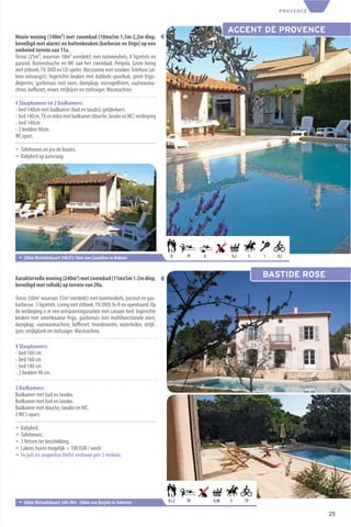 PROVENCE



                                                                                                  ACCENT DE PROVENCE
Mooie woning (140m²) met zwembad (10mx5m 1,3m-2,2m diep,
beveiligd met alarm) en buitenkeuken (barbecue en frigo) op een
omheind terrein van 11a.
Terras (25m², waarvan 10m² overdekt) met tuinmeubels, 8 ligzetels en
parasol. Buitendouche en WC aan het zwembad. Pergola. Grote living
met zithoek, TV, DVD en CD-speler. Mezzanine met snooker. Telefoon (al-
leen ontvangst). Ingerichte keuken met dubbele spoelbak, grote frigo-
diepvries, gasfornuis met oven, dampkap, microgolfoven, vaatwasma-
chine, koﬃezet, mixer, strijkijzer en stofzuiger. Wasmachine.

4 Slaapkamers en 2 badkamers:
- bed 140cm met badkamer (bad en lavabo) gelijkvloers
- bed 140cm, TV en video met badkamer (douche, lavabo en WC) verdieping
- bed 140cm
- 2 bedden 90cm.
WC apart.

¬ Tafeltennis en jeu de boules.
¬ Babybed op aanvraag.




 ¬ 200m Michelinkaart 340/F2-5km van Cavaillon in Robion                     8    TP   8          0,2    3   1   0,2



Karaktervolle woning (240m2) met zwembad (11mx5m 1-2m diep,                                                  BASTIDE ROSE
beveiligd met rolluik) op terrein van 20a.

Terras (60m2 waarvan 35m2 overdekt) met tuinmeubels, parasol en gas-
barbecue. 3 ligzetels. Living met zithoek, TV, DVD, hi-ﬁ en openhaard. Op
de verdieping is er een ontspanningsruimte met canapé-bed. Ingerichte
keuken met amerikaanse frigo, gasfornuis met multifunctionele oven,
dampkap, vaatwasmachine, koﬃezet, broodrooster, waterkoker, strijk-
ijzer, strijkplank en stofzuiger. Wasmachine.

4 Slaapkamers:
- bed 160 cm
- bed 160 cm
- bed 140 cm
- 2 bedden 90 cm.

3 Badkamers:
Badkamer met bad en lavabo.
Badkamer met bad en lavabo.
Badkamer met douche, lavabo en WC.
2 WC’s apart.

¬   Babybed.
¬   Tafeltennis.
¬   3 ﬁetsen ter beschikking.
¬   Lakens huren mogelijk = 100 EUR / week.
¬   In juli en augustus liefst verhuur per 2 weken.




 ¬ 300m Michelinkaart 340 /M4 - 20km van Barjols in Salernes                8+2   TP       0,90   5     TP

                                                                                                                            25
 