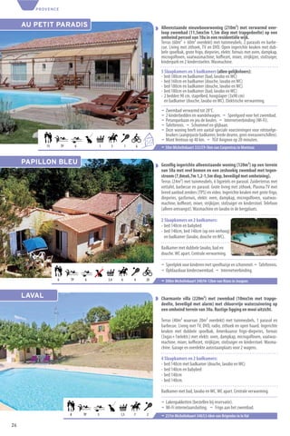 PROVENCE



     AU PETIT PARADIS                                                       Alleenstaande nieuwbouwwoning (210m²) met verwarmd over-
                                                                            loop zwembad (11,5mx5m 1,5m diep met trapgedeelte) op een
                                                                            omheind perceel van 10a in een residentiële wijk.
                                                                            Terras (60m² + 60m² overdekt) met tuinmeubels, 2 parasols en barbe-
                                                                            cue. Living met zithoek, TV en DVD. Open ingerichte keuken met dub-
                                                                            bele spoelbak, grote frigo, diepvries, elektr. fornuis met oven, dampkap,
                                                                            microgolfoven, vaatwasmachine, koﬃezet, mixer, strijkijzer, stofzuiger,
                                                                            kinderpark en 2 kinderstoelen. Wasmachine.
                                                                            5 Slaapkamers en 5 badkamers (allen gelijkvloers):
                                                                            - bed 180cm en badkamer (bad, lavabo en WC)
                                                                            - bed 160cm en badkamer (douche, lavabo en WC)
                                                                            - bed 180cm en badkamer (douche, lavabo en WC)
                                                                            - bed 180cm en badkamer (bad, lavabo en WC)
                                                                            - 2 bedden 90 cm, stapelbed, hoogslaper (3x90 cm)
                                                                              en badkamer (douche, lavabo en WC). Elektrische verwarming.
                                                                            ¬ Zwembad verwarmd tot 28°C.
                                                                            ¬ 2 kinderbedden en wandelwagen. ¬ Speelgoed voor het zwembad.
                                                                            ¬ Petanquebaan en jeu de boules. ¬ Internetverbinding (Wi-Fi).
                                                                            ¬ Tafeltennis. ¬ Schommel en glijbaan.
                                                                            ¬ Deze woning heeft een aantal speciale voorzieningen voor rolstoelge-
                                                                              bruikers (aangepaste badkamer, brede deuren, geen niveauverschillen).
                                                                   6        ¬ Mont Ventoux op 40 km. ¬ TGV Avignon op 20 minuten.
                                                                       +9
             15       TP        6        1     3       1       6            ¬ 50m Michelinkaart 332/C9-3km van Carpentras in Monteux


     PAPILLON BLEU                                                          Gezellig ingerichte alleenstaande woning (120m²) op een terrein
                                                                            van 50a met veel bomen en een zeshoekig zwembad met tegen-
                                                                            stroom (7,8mx6,7m 1,2-1,5m diep, beveiligd met omheining).
                                                                            Terras (24m²) met tuinmeubels, 6 ligzetels en parasol. Zuiderterras met
                                                                            eettafel, barbecue en parasol. Grote living met zithoek, Plasma TV met
                                                                            breed aanbod zenders (TPS) en video. Ingerichte keuken met grote frigo,
                                                                            diepvries, gasfornuis, elektr. oven, dampkap, microgolfoven, vaatwas-
                                                                            machine, koﬃezet, mixer, strijkijzer, stofzuiger en kinderstoel. Telefoon
                                                                            (alleen ontvangst). Wasmachine en lavabo in de bergplaats.

                                                                            2 Slaapkamers en 2 badkamers:
                                                                            - bed 140cm en babybed
                                                                            - bed 140cm, bed 140cm (op een verhoog)
                                                                              en badkamer (lavabo, douche en WC).

                                                                            Badkamer met dubbele lavabo, bad en
                                                                            douche. WC apart. Centrale verwarming.

                                                                            ¬ Speelplek voor kinderen met speelhuisje en schommel. ¬ Tafeltennis.
                                                                            ¬ Opblaasbaar kinderzwembad. ¬ Internetverbinding.
                  6        TP        6       3,4   6       4       20       ¬ 300m Michelinkaart 340/I4-12km van Rians in Jouques


     LAVAL                                                                  Charmante villa (220m²) met zwembad (10mx5m met trapge-
                                                                            deelte, beveiligd met alarm) met chloorvrije waterzuivering op
                                                                            een omheind terrein van 30a. Rustige ligging en mooi uitzicht.

                                                                            Terras (40m² waarvan 20m² overdekt) met tuinmeubels, 1 parasol en
                                                                            barbecue. Living met TV, DVD, radio, zithoek en open haard. Ingerichte
                                                                            keuken met dubbele spoelbak, Amerikaanse frigo-diepvries, fornuis
                                                                            (3xgas+1xelektr.) met elektr. oven, dampkap, microgolfoven, vaatwas-
                                                                            machine, mixer, koﬃezet, strijkijzer, stofzuiger en kinderstoel. Wasma-
                                                                            chine. Garage en overdekte autostaanplaats voor 2 wagens.

                                                                            4 Slaapkamers en 2 badkamers:
                                                                            - bed 140cm met badkamer (douche, lavabo en WC)
                                                                            - bed 140cm en babybed
                                                                            - bed 140cm
                                                                            - bed 140cm.

                                                                            Badkamer met bad, lavabo en WC. WC apart. Centrale verwarming.

                                                                            ¬ Lakenpakketten (bestellen bij reservatie).
                                                                            ¬ Wi-Fi internetaansluiting. ¬ Frigo aan het zwembad.
                           8        TP   5         1,5     7       2        ¬ 257m Michelinkaart 340/L5-6km van Brignoles in le Val
26
 