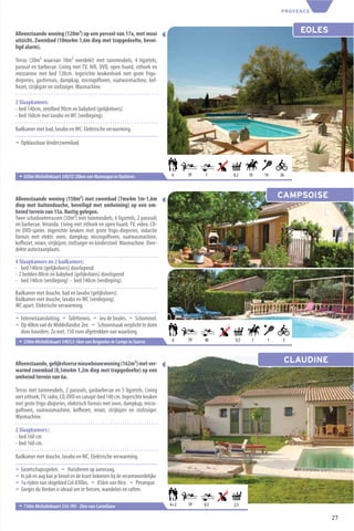 PROVENCE



Alleenstaande woning (120m²) op een perceel van 17a, met mooi                                                            EOLES
uitzicht. Zwembad (10mx4m 1,6m diep met trapgedeelte, bevei-
ligd alarm).

Terras (30m² waarvan 10m² overdekt) met tuinmeubels, 4 ligzetels,
parasol en barbecue. Living met TV, Hiﬁ, DVD, open haard, zithoek en
mezzanine met bed 120cm. Ingerichte keukenhoek met grote frigo-
diepvries, gasfornuis, dampkap, microgolfoven, vaatwasmachine, kof-
ﬁezet, strijkijzer en stofzuiger. Wasmachine.

2 Slaapkamers:
- bed 140cm, zetelbed 90cm en babybed (gelijkvloers)
- bed 160cm met lavabo en WC (verdieping).

Badkamer met bad, lavabo en WC. Elektrische verwarming.

¬ Opblaasbaar kinderzwembad.




 ¬ 650m Michelinkaart 340/I2-20km van Manosque in Vachères                      6     TP   7     0,2    10   14   26




Alleenstaande woning (150m²) met zwembad (7mx4m 1m-1,6m                                                           CAMPSOISE
diep met buitendouche, beveiligd met omheining) op een om-
heind terrein van 15a. Rustig gelegen.
Twee schaduwterrassen (50m²) met tuinmeubels, 6 ligzetels, 2 parasols
en barbecue. Veranda. Living met zithoek en open haard, TV, video, CD-
en DVD-speler. Ingerichte keuken met grote frigo-diepvries, inductie
fornuis met elektr. oven, dampkap, microgolfoven, vaatwasmachine,
koﬃezet, mixer, strijkijzer, stofzuiger en kinderstoel. Wasmachine. Over-
dekte autostaanplaats.

4 Slaapkamers en 2 badkamers:
- bed 140cm (gelijkvloers) doorlopend
- 2 bedden 80cm en babybed (gelijkvloers) doorlopend
- bed 140cm (verdieping) - bed 140cm (verdieping).

Badkamer met douche, bad en lavabo (gelijkvloers).
Badkamer met douche, lavabo en WC (verdieping).
WC apart. Elektrische verwarming.

¬ Internetaansluiting. ¬ Tafeltennis. ¬ Jeu de boules. ¬ Schommel.
¬ Op 40km van de Middellandse Zee. ¬ Schoonmaak verplicht te doen
  door huurders. Zo niet, 150 euro afgetrokken van waarborg.
 ¬ 250m Michelinkaart 340/L5-5km van Brignoles in Camps la Source                6    TP   40     0,5    1    1    5




Alleenstaande, gelijkvloerse nieuwbouwwoning (162m²) met ver-                                                          CLAUDINE
warmd zwembad (8,5mx4m 1,2m diep met trapgedeelte) op een
omheind terrein van 6a.

Terras met tuinmeubels, 2 parasols, gasbarbecue en 5 ligzetels. Living
met zithoek, TV, radio, CD, DVD en canapé-bed 140 cm. Ingerichte keuken
met grote frigo-diepvries, elektrisch fornuis met oven, dampkap, micro-
golfoven, vaatwasmachine, koﬃezet, mixer, strijkijzer en stofzuiger.
Wasmachine.

2 Slaapkamers::
- bed 160 cm
- bed 160 cm.

Badkamer met douche, lavabo en WC. Elektrische verwarming.

¬   Gezelschapsspelen. ¬ Huisdieren op aanvraag.
¬   In juli en aug kan je brood en de krant bekomen bij de verantwoordelijke.
¬   1u rijden van skigebied Col d’Allos. ¬ 85km van Nice. ¬ Petanque.
¬   Gorges du Verdon is ideaal om te ﬁetsen, wandelen en raften.

 ¬ 730m Michelinkaart 334 /H9 - 2km van Castellane                              4+2   TP   0,5   2,5

                                                                                                                                  27
 