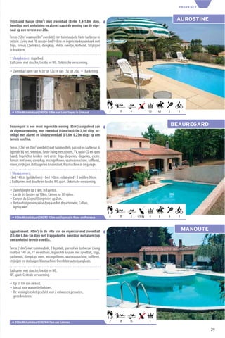 PROVENCE



Vrijstaand huisje (30m²) met zwembad (8x4m 1,4-1,8m diep,                                                            AUROSTINE
beveiligd met omheining en alarm) naast de woning van de eige-
naar op een terrein van 20a.
Terras (12m² waarvan 8m² overdekt) met tuinmeubels. Vaste barbecue in
de tuin. Living met TV, canapé-bed 140cm en ingerichte keukenhoek met
frigo, fornuis (2xelektr.), dampkap, elektr. oventje, koﬃezet. Strijkijzer
in bruikleen.

1 Slaapkamer: stapelbed.
Badkamer met douche, lavabo en WC. Elektrische verwarming.

¬ Zwembad open van 9u30 tot 12u en van 15u tot 20u. ¬ Basketring.




 ¬ 100m Michelinkaart 340/O6-10km van Saint-Tropez in Grimaud                2   TP   4             1,3   0,5   2     3




Beauregard is een mooi ingerichte woning (85m²) aanpalend aan                                                       BEAUREGARD
de eigenaarswoning, met zwembad (10mx5m 0,5m-2,5m diep, be-
veiligd met alarm) en kinderzwembad (Ø1,6m 0,25m diep) op een
terrein van 1ha.

Terras (32m² en 20m² overdekt) met tuinmeubels, parasol en barbecue. 6
ligzetels bij het zwembad. Grote living met zithoek, TV, radio-CD en open
haard. Ingerichte keuken met grote frigo-diepvries, diepvries, elektr.
fornuis met oven, dampkap, microgolfoven, vaatwasmachine, koﬃezet,
mixer, strijkijzer, stofzuiger en kinderstoel. Wasmachine in de garage.

3 Slaapkamers:
- bed 140cm (gelijkvloers) - bed 140cm en babybed - 2 bedden 90cm.
2 Badkamers met douche en lavabo. WC apart. Elektrische verwarming.

¬   Zweefvliegen op 15km, in Fayence.
¬   Lac de St. Cassien op 10km. Cannes op 30’ rijden.
¬   Canyon du Siagnol (Bergrivier) op 2km.
¬   Het oudste provençaalse dorp van het departement, Callian,
    ligt op 4km.

 ¬ 450m Michelinkaart 340/P3-15km van Fayence in Mons-en-Provence            6   TP   2    <10 kg   4     8     4     7




Appartement (40m²) in de villa van de eigenaar met zwembad                                                                MANOUTE
(13x4m 0,8m-3m diep met trapgedeelte, beveiligd met alarm) op
een omheind terrein van 65a.

Terras (16m²) met tuinmeubels, 2 ligzetels, parasol en barbecue. Living
met bed 140 cm, TV en eethoek. Ingerichte keuken met spoelbak, frigo,
gasfornuis, dampkap, oven, microgolfoven, vaatwasmachine, koﬃezet,
strijkijzer en stofzuiger. Wasmachine. Overdekte autostaanplaats.

Badkamer met douche, lavabo en WC.
WC apart. Centrale verwarming.

¬ Op 50 km van de kust.
¬ Ideaal voor wandelliefhebbers.
¬ De woning is enkel geschikt voor 2 volwassen personen,
  geen kinderen.




 ¬ 300m Michelinkaart 340/M4-1km van Salernes                                2   TP   15            1

                                                                                                                                    29
 