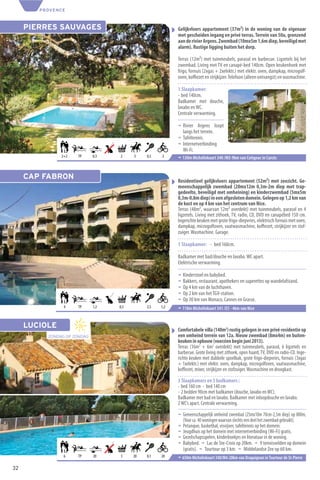 PROVENCE



     PIERRES SAUVAGES                                     Gelijkvloers appartement (37m²) in de woning van de eigenaar
                                                          met gescheiden ingang en privé terras. Terrein van 50a, grenzend
                                                          aan de rivier Argens. Zwembad (10mx5m 1,6m diep, beveiligd met
                                                          alarm). Rustige ligging buiten het dorp.

                                                          Terras (12m²) met tuinmeubels, parasol en barbecue. Ligzetels bij het
                                                          zwembad. Living met TV en canapé-bed 140cm. Open keukenhoek met
                                                          frigo, fornuis (2xgas + 2xelektr.) met elektr. oven, dampkap, microgolf-
                                                          oven, koﬃezet en strijkijzer. Telefoon (alleen ontvangst) en wasmachine.

                                                          1 Slaapkamer:
                                                          - bed 140cm.
                                                          Badkamer met douche,
                                                          lavabo en WC.
                                                          Centrale verwarming.

                                                          ¬ Rivier Argens loopt
                                                            langs het terrein.
                                                          ¬ Tafeltennis.
                                                          ¬ Internetverbinding
                                                            Wi-Fi.
               2+2   TP      0,3   2     3    0,3   2     ¬ 130m Michelinkaart 340 /M5-9km van Cotignac in Carcès


     CAP FABRON                                           Residentieel gelijkvloers appartement (52m²) met zeezicht. Ge-
                                                          meenschappelijk zwembad (20mx12m 0,3m-2m diep met trap-
                                                          gedeelte, beveiligd met omheining) en kinderzwembad (5mx5m
                                                          0,3m-0,8m diep) in een afgesloten domein. Gelegen op 1,2 km van
                                                          de kust en op 4 km van het centrum van Nice.
                                                          Terras (48m², waarvan 12m² overdekt) met tuinmeubels, parasol en 4
                                                          ligzetels. Living met zithoek, TV, radio, CD, DVD en canapébed 150 cm.
                                                          Ingerichte keuken met grote frigo-diepvries, elektrisch fornuis met oven,
                                                          dampkap, microgolfoven, vaatwasmachine, koﬃezet, strijkijzer en stof-
                                                          zuiger. Wasmachine. Garage.

                                                          1 Slaapkamer: - bed 160cm.

                                                          Badkamer met bad/douche en lavabo. WC apart.
                                                          Elektrische verwarming.

                                                          ¬   Kinderstoel en babybed.
                                                          ¬   Bakkers, restaurant, apothekers en superettes op wandelafstand.
                                                          ¬   Op 4 km van de luchthaven.
                                                          ¬   Op 2 km van het TGV-station.
                                                          ¬   Op 30 km van Monaco, Cannes en Grasse.
                4    TP      1,2   0,5        2,5   1,2   ¬ 118m Michelinkaart 341 /E5 - 4km van Nice


     LUCIOLE                                              Comfortabele villa (140m2) rustig gelegen in een privé-residentie op
          ZONDAG OP ZONDAG                                een omheind terrein van 12a. Nieuw zwembad (8mx4m) en buiten-
                                                          keuken in opbouw (voorzien begin juni 2013).
                                                          Terras (16m2 + 6m2 overdekt) met tuinmeubels, parasol, 6 ligzetels en
                                                          barbecue. Grote living met zithoek, open haard, TV, DVD en radio-CD. Inge-
                                                          richte keuken met dubbele spoelbak, grote frigo-diepvries, fornuis (3xgas
                                                          + 1xelektr.) met elektr. oven, dampkap, microgolfoven, vaatwasmachine,
                                                          koﬃezet, mixer, strijkijzer en stofzuiger. Wasmachine en droogkast.

                                                          3 Slaapkamers en 3 badkamers :
                                                          - bed 160 cm - bed 140 cm
                                                          - 2 bedden 90cm met badkamer (douche, lavabo en WC).
                                                          Badkamer met bad en lavabo. Badkamer met inloopdouche en lavabo.
                                                          2 WC’s apart. Centrale verwarming.

                                                          ¬ Gemeenschappelijk omheind zwembad (25mx10m 70cm-2,5m diep) op 800m,
                                                            (Voor ca. 40 woningen waarvan slechts een deel het zwembad gebruikt).
                                                          ¬ Petanque, basketbal, visvijver, tafeltennis op het domein.
                                                          ¬ Jeugdhuis op het domein met internetverbinding (Wi-Fi) gratis.
                                                          ¬ Gezelschapsspelen, kinderboekjes en literatuur in de woning.
                                                          ¬ Babybed. ¬ Lac de Ste-Croix op 20km. ¬ 9 tennisvelden op domein
                                                            (gratis). ¬ Tourtour op 3 km. ¬ Middelandse Zee op 60 km.
                6    TP      20    3     20   0,1   20    ¬ 650m Michelinkaart 340/M4-20km van Draguignan in Tourtour de St-Pierre
32
 