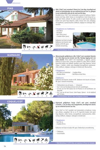 PROVENCE



     PINS                                                     Villa (130m²) met zwembad (10mx4,5m 1,6m diep, beveiligd met
                                                              alarm) en buitenkeuken op een omheind perceel van 7a, gelegen
                                                              in een residentiële wijk aan de rand van het dorp.
                                                              Overdekt terras (10m²) met tuinmeubels, parasol en barbecue. Buiten-
                                                              keuken met frigo, elektr. fornuis en microgolfoven. Grote living met ca-
                                                              napé-bed 140cm, zithoek, TV, radio-cassette en open haard. Ingerichte
                                                              keuken met grote frigo-diepvries, elektr. fornuis met oven, dampkap,
                                                              microgolfoven, vaatwasmachine, koﬃezet, strijkijzer en stofzuiger. Was-
                                                              machine.

                                                              4 Slaapkamers en 2 badkamers:
                                                              - bed 140cm
                                                              - bed 90cm
                                                              - bed 110cm (airco)
                                                              - 2 bedden 90cm (airco).

                                                              Badkamer met bad en lavabo.
                                                              Badkamer met douche, bad,
                                                              lavabo en WC.WC apart.
                                                              Centrale verwarming.
                       6        TP   2        1     2    2    ¬ 130m Michelinkaart 340 /M5 - 17km van Brignoles in Carcès


     MARMADE                                                  Alleenstaande gelijkvloerse villa (120m²) met zwembad (8mx4m
                                                              0,5-1,8m diep) op een terrein van 40a. Rustige ligging met een
                                                              mooi uitzicht. Terras (60m²) met tuinmeubels, 2 ligzetels, parasol,
                                                              barbecue en pizza-oven. Living met satelliet TV, radio, DVD en zithoek.
                                                              Ingerichte keuken met dubbele spoelbak, grote frigo-diepvries, fornuis
                                                              (3xgas + 1xelektr.), elektr. oven, dampkap, microgolfoven, vaatwasma-
                                                              chine, koﬃezet, strijkijzer, stofzuiger en kinderstoel. Wasmachine.

                                                              4 Slaapkamers:
                                                              - bed 140cm en kinderbed - 2 bedden 80cm
                                                              - 2 bedden 80cm          - bed 90cm en bed 70cm.

                                                              2 Badkamers:
                                                              Badkamer met douche, lavabo en WC. Badkamer met douche en lavabo.
                                                              WC apart. Centrale verwarming.

                                                              ¬ Tafelvoetbal en jeu de boules. ¬ Schommel.
                                                              ¬ Op 1,5 km van het dorpscentrum met vele wandelingen.
                                                              ¬ 50 min van het TGV-station Aix-en-Provence en de luchthaven van
                                                                Marseille.
                                                              ¬ Op 1 uur van de kust (Cassis, Saint-Tropez, Hyères) - In de nabijheid
                                                                golf 18 holes.
                  8    TP        2       2    5     10   10   ¬ 350m Michelinkaart 380 /K5-12km van Brignoles in Tourves


     COQUELICOT                                               Vrijstaand gelijkvloers huisje (53m²) met privé zwembad
                                                              (12mx6m, 1,5m-2m diep, met trapgedeelte, beveiligd met alarm)
                                                              op een omheind terrein van 30a.

                                                              Terras (42m² en 12m² overdekt) met tuinmeubels en barbecue. Living
                                                              met zithoek, canapébed 160 cm en TV. Ingerichte keuken met grote
                                                              frigo-diepvries, elektr. fornuis, microgolfoven, vaatwasmachine, elektr.
                                                              oventje, koﬃezet, strijkijzer, stofzuiger en kinderstoel.

                                                              2 Slaapkamers:
                                                              - bed 140 cm
                                                              - 2 bedden 90 cm.

                                                              Badkamer met bad en lavabo. WC apart. Omkeerbare airconditioning.

                                                              ¬ Tafeltennis.
                                                              ¬ Jeu de boules.




            4+2   TP       15        4   20   0,1   4         ¬ 80m Michelinkaart 332/D10-6km van Carpentras in Pernes-les-Fontaines
34
 