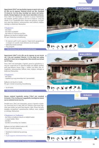PROVENCE



Appartement (85m²) met gescheiden ingang en aparte inrit naast                                                   CASTAGNOU
de villa van de eigenaar. Omheind terrein van 40a. Zwembad
(13,5mx6,5m 1m-2,4m diep, beveiligd met alarm) met buiten-
douche. Rustige ligging in een wijk, tussen wijnvelden en bossen.
Terras (50m²) met tuinmeubels, 6 ligzetels en parasol. Buitenkeuken
met werkvlak, spoelbak, gasfornuis met oven en barbecue. Living met
zithoek, TV en 2 slaapbanken 60cm. Keuken met gasfornuis, microgolf-
oven, grote frigo-diepvries, vaatwasmachine, mixer, koﬃezet, strijkijzer,
stofzuiger en kinderstoel. Wasmachine.

3 Slaapkamers:
- bed 140cm
- bed 140cm en babybed
- bed 140cm of 3 matrassen van 90cm.
Badkamer met douche en dubbele lavabo.
WC apart. Omkeerbare airconditioning.

¬ De eigenares geeft in juli & augustus 2 dagen/week aquagymlessen
  (‘s morgens en ‘s avonds). Gratis deelname voor de huurders.
¬ Opblaasbaar kinderzwembad.
¬ Ping-pongtafel.
 ¬ 350m Michelinkaart 340 /L6-5km van Garéoult in Néoules                   6   TP   30   <15kg   2   2    2




Appartement (60m²) in de villa van de eigenaar op een terrein                                                          MALUBOU
van 1,5ha met zwembad (10mx5m 1,5-2,3m diep) met ondiep
gedeelte (2,5mx2,5m) en trapgedeelte. Mooi uitzicht over de baai
van St-Tropez.
Terras (18m²) met tuinmeubels, 6 ligzetels, parasol en gasbarbecue. Li-
ving met canapé-bed en TV. Ingerichte keuken met dubbele spoelbak,
grote frigo-diepvries, fornuis (3xgas + 1xelektr.) met elektr. oven, mi-
crogolfoven, vaatwasmachine, koﬃezet, mixer, strijkijzer, stofzuiger en
kinderstoel. Wasmachine.

2 Slaapkamers:
- bed 140cm
- stapelbed (op vraag omvormbaar tot 2-persoonsbed).

Badkamer met douche en lavabo.
WC apart. Centrale verwarming. Airconditioning.

¬ Jeu de boules.
 ¬ 80m Michelinkaart 340 /O6-1km van Sainte-Maxime                          6   TP   2            2   6    2       2



Nieuwe origineel ingedeelde woning (130m2) met zwembad                                                                   GINAVI
(8,5mx4m 1,25m-2m diep met trapgedeelte, beveiligd met alarm)                                                  ZONDAG OP ZONDAG
op een omheind terrein van 25a.

Overdekt terras (20m2) met tuinmeubels, parasol, 6 ligzetels en barbe-
cue. Grote living met TV, video, DVD, hi-ﬁ, zithoek en open haard. Inge-
richte open keuken met grote frigo-diepvries, elektr. fornuis met oven,
dampkap, microgolfoven, vaatwasmachine, koﬃezet, mixer, strijkijzer
en stofzuiger. Wasmachine.

4 Slaapkamers en 2 badkamers:
- bed 160cm en badkamer (douche en dubbele lavabo)
- 2 canapé-bedden 140cm
- bed 90cm
- bed 80cm (vervormbaar tot 2 bedden).

Badkamer met bad, dubbele lavabo en WC.
WC apart. Centrale verwarming.

¬ Kinderbed en kinderstoel op aanvraag.
¬ Wi-Fi.
¬ In juli-augustus minimumverhuur 2 weken.


 ¬ 240m Michelinkaart 340 /L5 - 5km van Brignoles in le Val                 8   TP   10           2   15   2       7

                                                                                                                                  35
 