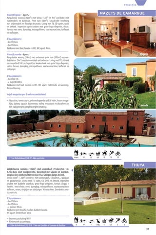 PROVENCE



Mazet Virginie - 4 pers.                                                                                 MAZETS DE CAMARGUE
Aanpalende woning (60m²) met terras (12m² en 9m² overdekt) met
tuinmeubels en barbecue. Privé tuin (80m²). Smaakvolle inrichting
met stijlmeubels en ﬂeurige decoratie. Living met TV, CD-speler, radio
en zithoek. Ingerichte open keuken met grote frigo-diepvries, electr.
fornuis met oven, dampkap, microgolfoven, vaatwasmachine, koﬃezet
en stofzuiger.

2 Slaapkamers :
- bed 140cm
- bed 140cm.
Badkamer met bad, lavabo en WC. WC apart. Airco.

Mazet Lavande - 6 pers.                                                                                                              Virginie
Aanpalende woning (59m²) met omheinde privé tuin (100m²) en over-
dekt terras (9m²) met tuinmeubels en barbecue. Living met TV, zithoek
en canapébed 140 cm. Ingerichte keukenhoek met grote frigo-diepvries,
elektr. fornuis, dampkap, microgolfoven, vaatwasmachine, koﬃezet en
stofzuiger.

2 Slaapkamers :
- bed 160 cm
- 2 stapelbedden.
Badkamer met bad, lavabo en WC. WC apart. Elektrische verwarming.
Airconditioning.

In juli-augustus per 2 weken aansluitend.

¬ Wassalon, tenniscourts, gehomologeerde golf (6 holes, lessen moge-
  lijk), balneo, squash, badminton, volley, restaurant en discotheek in
  het nabijgelegen complex (tegen betaling).                                                                                         Lavande




 ¬ 15m Michelinkaart 340 /C5-4km van Arles                                   4 tot 6   TP   35    0,4     TP    TP   TP


                                                                                                                              THUYA
Gelijkvloerse woning (106m²) met zwembad (7,5mx3,5m 1m-
1,7m diep, met trapgedeelte, beveiligd met alarm en overdek-
king) op een omheind terrein van 15a. Gelegen langs de D25.
Terras (60m² + 20m² overdekt) met tuinmeubels, 6 ligzetels, 2 parasols
en gasbarbecue. Living met TV, radio, CD, DVD en zithoek. Ingerichte
keuken met dubbele spoelbak, grote frigo-diepvries, fornuis (3xgas +
1xelekt.) met elektr. oven, dampkap, microgolfoven, vaatwasmachine,
koﬃezet, mixer, strijkijzer en stofzuiger. Wasmachine. Overdekte auto-
staanplaats.

3 Slaapkamers:
- bed 160cm
- bed 140cm
- 2 bedden 90cm.
Badkamer met douche, bad en dubbele lavabo.
WC apart. Omkeerbare airco.

¬ Internetaansluiting Wi-Fi
¬ Kinderstoel op aanvraag.
 ¬ 300m Michelinkaart 332 /D10 - 11km van Cavaillon in Saumane de Vaucluse     6       TP   1    < 5kg    5    0,5   5    5

                                                                                                                                           37
 