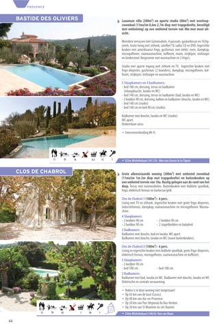 PROVENCE



     BASTIDE DES OLIVIERS                                                Luxueuze villa (300m²) en aparte studio (80m²) met overloop-
                                                                         zwembad (11mx5m 0,6m-2,7m diep met trapgedeelte, beveiligd
                                                                         met omheining) op een omheind terrein van 40a met mooi uit-
                                                                         zicht.

                                                                         Meerdere terrassen met tuinmeubels, 4 parasols, gasbarbecue en 10 lig-
                                                                         zetels. Grote living met zithoek, satelliet TV, radio, CD en DVD. Ingerichte
                                                                         keuken met amerikaanse frigo, gasfornuis met elektr. oven, dampkap,
                                                                         microgolfoven, vaatwasmachine, koﬃezet, mixer, strijkijzer, stofzuiger
                                                                         en kinderstoel. Bergruimte met wasmachine en 2 frigo’s.

                                                                         Studio met aparte ingang met zithoek en TV. Ingerichte keuken met
                                                                         frigo-diepvries, gasfornuis (2 branders), dampkap, microgolfoven, kof-
                                                                         ﬁezet, strijkijzer, stofzuiger en wasmachine.

                                                                         5 Slaapkamers en 4 badkamers:
                                                                         - bed 180 cm, dressing, terras en badkamer
                                                                           (inloopdouche, lavabo en WC)
                                                                         - bed 140 cm, dressing, terras en badkamer (bad, lavabo en WC)
                                                                         - 2 bedden 90 cm, dressing, balkon en badkamer (douche, lavabo en WC)
                                                                         - bed 140 cm (studio)
                                                                         - bed 140 cm en bed 90 cm (studio).

                                                                         Badkamer met douche, lavabo en WC (studio).
                                                                         WC apart.
                                                                         Omkeerbare airco.

                                                                         ¬ Internetverbinding Wi-Fi.




                    11        TP   16            0,3       15       1    ¬ 325m Michelinkaart 341 /C6 - 8km van Grasse in Le Tignet


     CLOS DE CHABROL                                                     Grote alleenstaande woning (280m²) met omheind zwembad
                                                                         (11mx5m 1m-2m diep met trapgedeelte) en buitenkeuken op
                                                                         een omheind terrein van 18a. Rustig gelegen aan de rand van het
                                                                         dorp. Terras met tuinmeubelen. Buitenkeuken met dubbele spoelbak,
                                                                         frigo, elektrisch fornuis en barbecue/grill.

                                                                         Clos de Chabrol 1 (180m²) - 6 pers.
                                                                         Living met TV en zithoek. Ingerichte keuken met grote frigo-diepvries,
                                                                         inductiefornuis, dampkap, vaatwasmachine en microgolfoven. Wasma-
                                                                         chine.
                                                                         4 Slaapkamers:
                                                                         - 2 bedden 90 cm            - 2 bedden 90 cm
                                                                         - 2 bedden 90 cm            - 2 stapelbedden en babybed.
                                                                         2 Badkamers:
                                                                         Badkamer met douche, bad en lavabo. WC apart.
                                                                         Badkamer met douche, lavabo en WC (naast buitenkeuken).

                                                                         Clos de Chabrol 2 (100m²) - 6 pers.
                                                                         Living en ingerichte keuken met dubbele spoelbak, grote frigo-diepvries,
                                                                         elektrisch fornuis, microgolfoven, vaatwasmachine en koﬃezet.
                                                                         3 Slaapkamers:
                                                                         - 2 bedden 90 cm
                                                                         - bed 180 cm                  - bed 180 cm.
                                                                         2 Badkamers:
                                                                         Badkamer met bad, lavabo en WC. Badkamer met douche, lavabo en WC
                                                                         Elektrische en centrale verwarming.

                                                                         ¬   Roken is in deze woning niet toegestaan!
                                                                         ¬   Op 65 km van de kust (Cassis).
                                                                         ¬   Op 40 km van Aix-en-Provence.
                                                                         ¬   Op 20 km van Parc Régional du Bas-Verdon.
                                                                6
                                                                         ¬   Op 20 km van St Maximin-la-ste-Baume.
                                                                    +6
              12   TP    65             1   38         1                 ¬ 330m Michelinkaart 340/J4-1km van Rians
46
 
