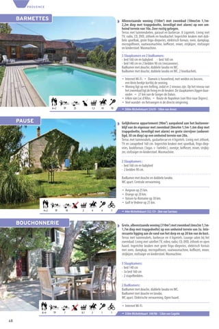 PROVENCE



     BARMETTES                                                  Alleenstaande woning (150m2) met zwembad (10mx5m 1,1m-
                                                                2,2m diep met trapgedeelte, beveiligd met alarm) op een om-
                                                                heind terrein van 10a. Zeer rustig gelegen.
                                                                Terras met tuinmeubelen, parasol en barbecue. 8 Ligzetels. Living met
                                                                TV, radio, CD, DVD, zithoek en houtkachel. Ingerichte keuken met dub-
                                                                bele spoelbak, grote frigo-diepvries, elektrisch fornuis, oven, dampkap,
                                                                microgolfoven, vaatwasmachine, koﬃezet, mixer, strijkijzer, stofzuiger
                                                                en kinderstoel. Wasmachine.

                                                                3 Slaapkamers en 2 badkamers:
                                                                - bed 160 cm en babybed - bed 160 cm
                                                                - bed 140 cm en 2 bedden 90 cm (mezannine).
                                                                Badkamer met douche, dubbele lavabo en WC.
                                                                Badkamer met douche, dubbele lavabo en WC. 2 houtkachels.

                                                                ¬ Internet Wi-Fi. ¬ Domein is heuvelend, met weiden en bossen,
                                                                  een klein beekje kortbij de woning.
                                                                ¬ Woning ligt op een helling, zodat er 2 niveaus zijn. Op het niveau van
                                                                  het zwembad ligt de living en de keuken. De slaapkamers liggen daar-
                                                                  onder. ¬ 27 km van de Gorges de Daluis.
                                                                ¬ 64km van Lac d’Allos. ¬ Route de Napoléon (van Nice naar Dignes).
                                                                ¬ Veel wandel- en ﬁetswegen in de directe omgeving.
                     6+2    TP       25         1,5   10   10   ¬ 500m Michelinkaart 334/I9 - 10km van Annot


     PAUSE                                                      Gelijkvloerse appartement (90m²) aanpalend aan het buitenver-
                                                                blijf van de eigenaar met zwembad (8mx4m 1,5m-1,6m diep met
                                                                trapgedeelte, beveiligd met alarm) en grote siervijver (onbevei-
                                                                ligd, 30 cm diep) op een omheind terrein van 20a.
                                                                Terras met tuinmeubels, gasbarbecue en 4 ligzetels. Living met zithoek,
                                                                TV en canapébed 160 cm. Ingerichte keuken met spoelbak, frigo-diep-
                                                                vries, kookfornuis (3xgas + 1xelektr.), oventje, koﬃezet, mixer, strijkij-
                                                                zer, stofzuiger en kinderstoel. Wasmachine.

                                                                2 Slaapkamers :
                                                                - bed 160 cm en babybed
                                                                - 2 bedden 90 cm.

                                                                Badkamer met douche en dubbele lavabo.
                                                                WC apart. Centrale verwarming.

                                                                ¬   Avignon op 25 km.
                                                                ¬   Orange op 20 km.
                                                                ¬   Vaison-la-Romaine op 30 km.
                                                                ¬   Golf te Vedène op 25 km.

               4+2     TP       10        2     4     4    7    ¬ 44m Michelinkaart 332 /C9 - 2km van Sarrians


     BOUCHONNERIE                                               Grote, alleenstaande woning (310m2) met zwembad (6mx3m 1,1m-
                                                                1,7m diep met trapgedeelte) op een omheind terrein van 3a. Inte-
                                                                ressante ligging aan de rand van het dorp en op 20 km van de kust.
                                                                Terras met tuinmeubels, barbecue en 4 ligzetels. Lounge salon bij het
                                                                zwembad. Living met satelliet TV, video, radio, CD, DVD, zithoek en open
                                                                haard. Ingerichte keuken met grote frigo-diepvries, elektrisch fornuis
                                                                met oven, dampkap, microgolfoven, vaatwasmachine, koﬃezet, mixer,
                                                                strijkijzer, stofzuiger en kinderstoel. Wasmachine.

                                                                5 Slaapkamers:
                                                                - bed 140 cm
                                                                - 3x bed 160 cm
                                                                - 2 stapelbedden.

                                                                2 Badkamers:
                                                                Badkamer met douche, dubbele lavabo en WC.
                                                                Badkamer met douche en lavabo.
                                                                WC apart. Elektrische verwarming. Open haard.

                                                                ¬ Internet Wi-Fi.
              8+4     TP    7             0,1   2     1    1    ¬ 350m Michelinkaart 340/N6 - 12km van Cogolin
48
 