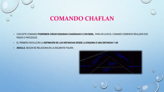 COMANDO CHAFLAN
• CON ESTE COMANDO PODREMOS CREAR ESQUINAS CUADRADAS O CON BISEL. PARAAPLICAR EL COMANDO DEBEMOS REALIZAR DOS
PASOS O PROCESOS:
• EL PRIMERO INVOLUCRA LA DEFINICIÓN DE LAS DISTANCIAS DESDE LA ESQUINA O UNA DISTANCIA Y UN
• ÁNGULO, SEGÚN SE RELACIONA EN LA SIGUIENTE FIGURA:
 