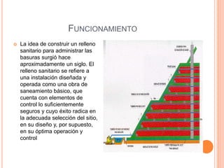 FUNCIONAMIENTO 
 La idea de construir un relleno 
sanitario para administrar las 
basuras surgió hace 
aproximadamente un siglo. El 
relleno sanitario se refiere a 
una instalación diseñada y 
operada como una obra de 
saneamiento básico, que 
cuenta con elementos de 
control lo suficientemente 
seguros y cuyo éxito radica en 
la adecuada selección del sitio, 
en su diseño y, por supuesto, 
en su óptima operación y 
control 
 