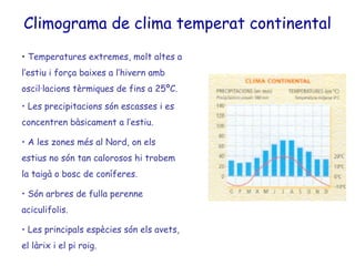 Climograma de clima temperat continental Temperatures extremes, molt altes a l’estiu i força baixes a l’hivern amb oscil·lacions tèrmiques de fins a 25ºC. Les precipitacions són escasses i es concentren bàsicament a l’estiu. A les zones més al Nord, on els estius no són tan calorosos hi trobem la taigà o bosc de coníferes. Són arbres de fulla perenne aciculifolis. Les principals espècies són els avets, el làrix i el pi roig. 