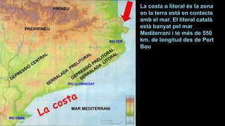 La costa o litoral és la zona
on la terra està en contacte
amb el mar. El litoral català
està banyat pel mar
Mediterrani i té més de 550
km. de longitud des de Port
Bou fins al riu de la Sènia al
Sud.
 