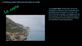 -Les costes altes. Predominen al nord de
Catalunya i al Garraf on les muntanyes de la
serralada litoral s'enfonsen en el mar i s'hi
han format penya-segats. Les platges són de
sorra gruixuda i solen formar petites cales. El
mar es fa profund a pocs metres de la platja.
La costa Brava seria d'aquest tipus
A Catalunya podem diferenciar dos tipus de costes.
 