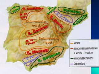 .
M ic
a
al
G

S. Cantàbrica

e
M. d
Lleó

Submeseta
nord
l

ra l
ent
.C
S

e
M. d
do
Tole

.
s
M ue
Pirineus
sq D
a
.d
B
e
es
S.
n
l’E
la
br
a
Ib
e
at
èr
.C
S
i

c

Submeseta
sud

orena
S. M
ues
l
t iq
de ivir
è
D. lqu
.B
a
S
ad
u

G

 