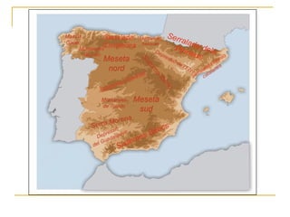 PENÍNSULA IBÈRICA
Meseta Central
Elements de relleu
Interiors de la Meseta
1. Sistema Central
2. Meseta nord
Elements de relleu
que envolten la Meseta
1. Muntanyes de Lleó
2. Serralada Cantàbrica
3. Sistema Ibèric
4. Sierra Morena
Elements de relleu
exteriors a la Meseta
3. Meseta sud
4. Muntanyes de Toledo
1. Massís Galaic
2. Muntanyes basques
3. Serralada dels Pirineus
4. Serralada litoral catalana
5. Depressió de l’Ebre
6. Sistemes bètics
7. Depressió del Guadalquivir
Arxipèlag
de les Canàries
Arxipèlag
de les Balears
 
