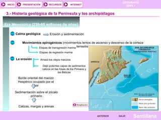 GEOGRAFÍA
TEMA 1RECURSOS INTERNETPRESENTACIÓN
Santillana
INICIO
SALIRSALIRANTERIORANTERIOR
3.- Historia geológica de la Península y los archipiélagos
Era Mesozoica (230-65 millones de años)
Calma geológica Erosión y sedimentación
Movimientos epirogénicos (movimientos lentos de ascenso y descenso de la corteza
terrestre)Etapas de transgresión marina
Etapas de regresión marina
La erosión Arrasó los viejos macizos
Dejó potentes capas de sedimentos
calizos en las fosas de los Pirineos y
las Béticas
Borde oriental del macizo
Hespérico ocupado por el
mar
Sedimentación sobre el zócalo
primario
Calizas, margas y arenas
Ampliación
 