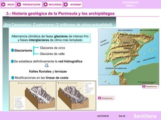 GEOGRAFÍA
TEMA 1RECURSOS INTERNETPRESENTACIÓN
Santillana
INICIO
SALIRSALIRANTERIORANTERIOR
3.- Historia geológica de la Península y los archipiélagos
Era Cenozoica: Cuaternario (2 millones de años-actualidad)
Alternancia climática de fases glaciares de intenso frío
y fases interglaciares de clima más templado
Alternancia climática de fases glaciares de intenso frío
y fases interglaciares de clima más templado
Glaciarismo
Glaciares de circo
Glaciares de valle
Se establece definitivamente la red hidrográfica
Valles fluviales y terrazas
Modificaciones en las líneas de costa
Ampliación
Ampliación
 